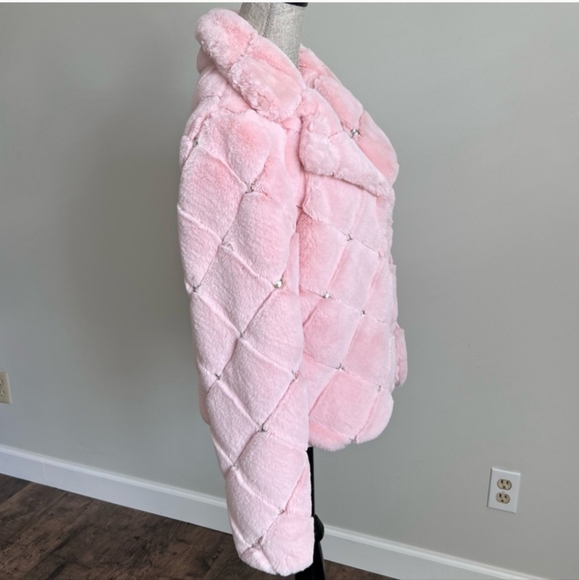 NYCO Pink Faux Fur Coat Quilted Embellished Jacket Barbie Bling Medium - Picture 10 of 14